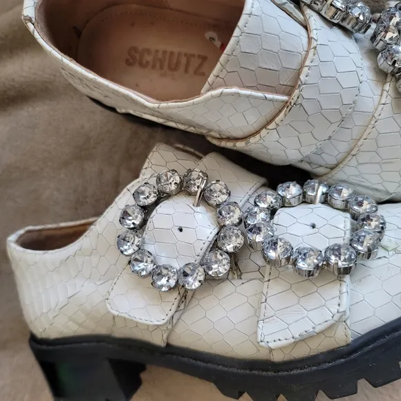Schutz Doris Embellished Buckle Loafers Black White Rhinestone Buckle