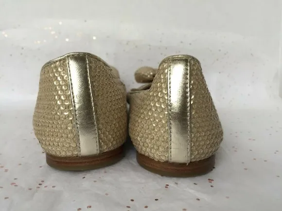 See by Chloe Beige Gold Sequin Puffy Bow Ballerina Flats -Size 38.5 Leather READ