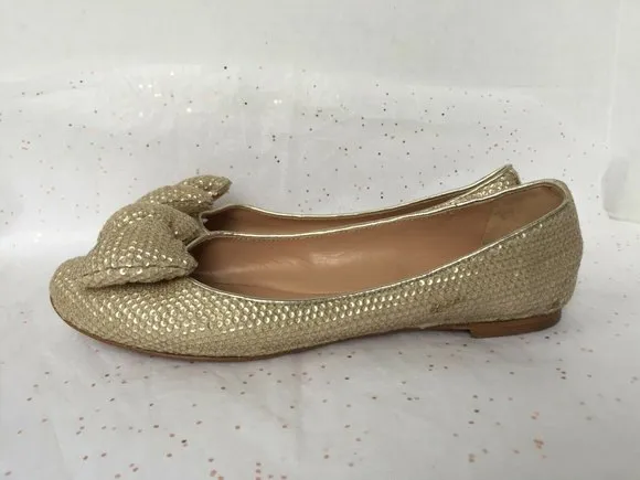 See by Chloe Beige Gold Sequin Puffy Bow Ballerina Flats -Size 38.5 Leather READ