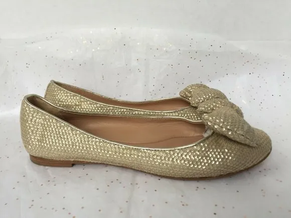 See by Chloe Beige Gold Sequin Puffy Bow Ballerina Flats -Size 38.5 Leather READ