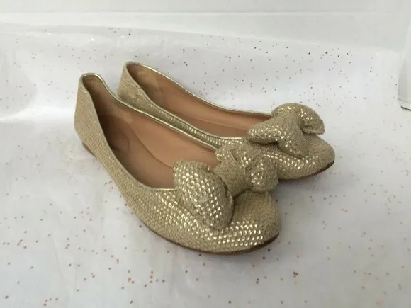 See by Chloe Beige Gold Sequin Puffy Bow Ballerina Flats -Size 38.5 Leather READ