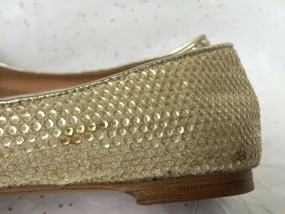 See by Chloe Beige Gold Sequin Puffy Bow Ballerina Flats -Size 38.5 Leather READ