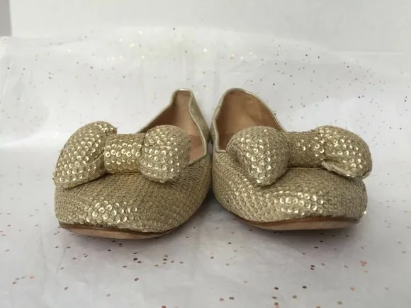 See by Chloe Beige Gold Sequin Puffy Bow Ballerina Flats -Size 38.5 Leather READ