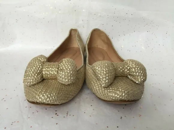See by Chloe Beige Gold Sequin Puffy Bow Ballerina Flats -Size 38.5 Leather READ