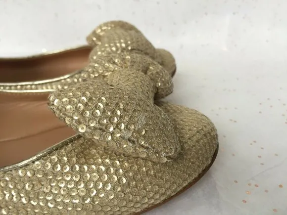 See by Chloe Beige Gold Sequin Puffy Bow Ballerina Flats -Size 38.5 Leather READ