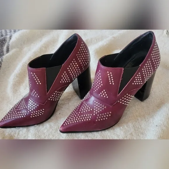 See by Chloe Leather Carnaby Shine Studded Ankle Bootie Ginger Burgundy-Size 38