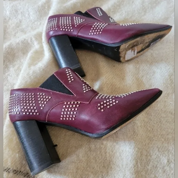 See by Chloe Leather Carnaby Shine Studded Ankle Bootie Ginger Burgundy-Size 38