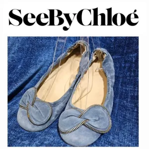 See by Chloe Periwinkle Blue Suede Big Bow Zipper Flats EU 40 US 9