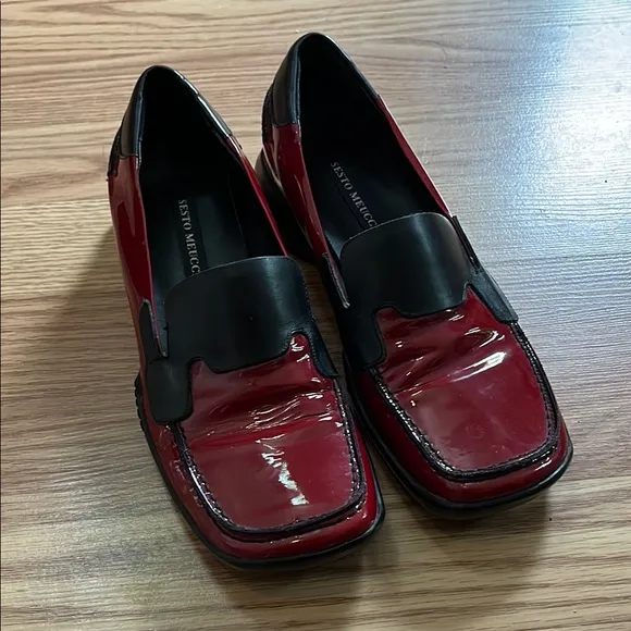 SESTO MEUCCI PATENT LEATHER LOAFERS RED BLACK SIZE 7.5M MADE IN ITALY