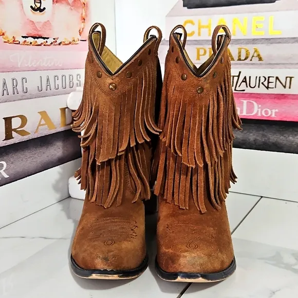Shyanne Double Fringe Snip Toe Suede Western Boots