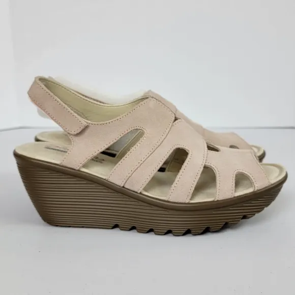 Sketchers Blush Pink Suede Parallel Wedge Peep Toe Slingback Sandals Sz 6.5 NWOT
