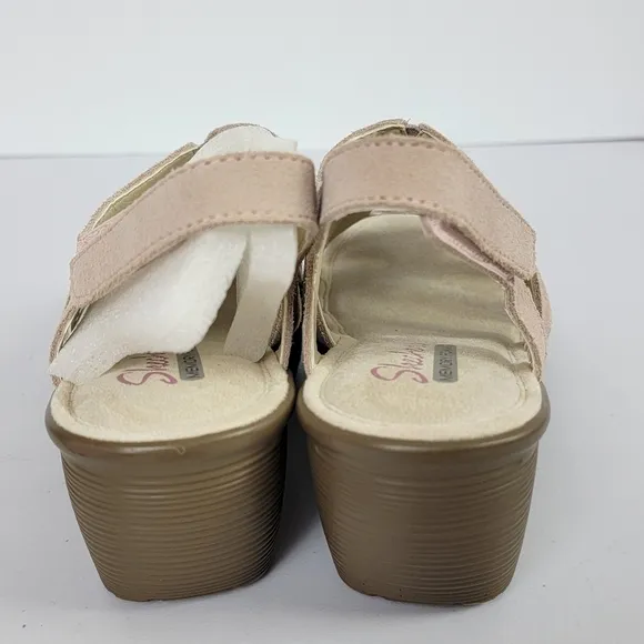 Sketchers Blush Pink Suede Parallel Wedge Peep Toe Slingback Sandals Sz 6.5 NWOT