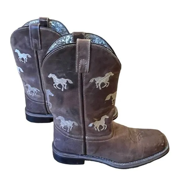 Smoky Mountain Boots Kids 4.5 Horses Embroidered Brown Leather Western Cowboy
