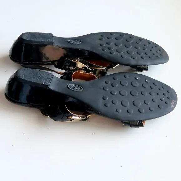 Sofft Black Patent Leather &amp; Gold Slingback Wedge Low Heel Sandals Summer Shoes