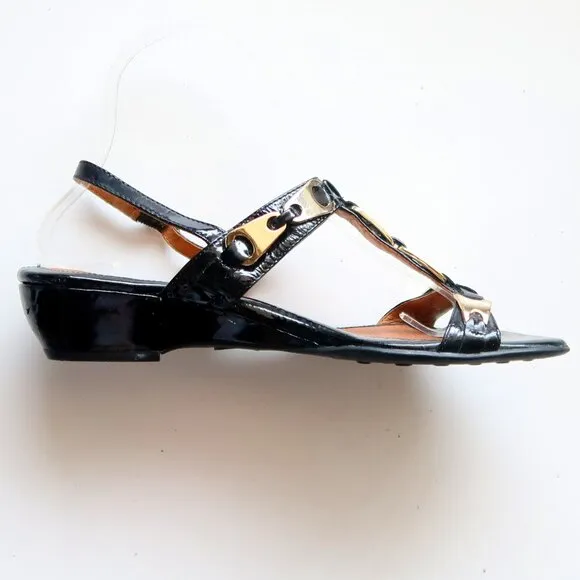 Sofft Black Patent Leather &amp; Gold Slingback Wedge Low Heel Sandals Summer Shoes