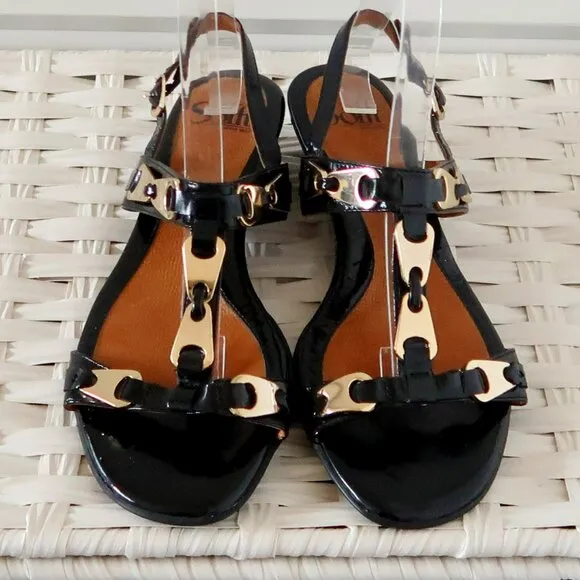 Sofft Black Patent Leather &amp; Gold Slingback Wedge Low Heel Sandals Summer Shoes