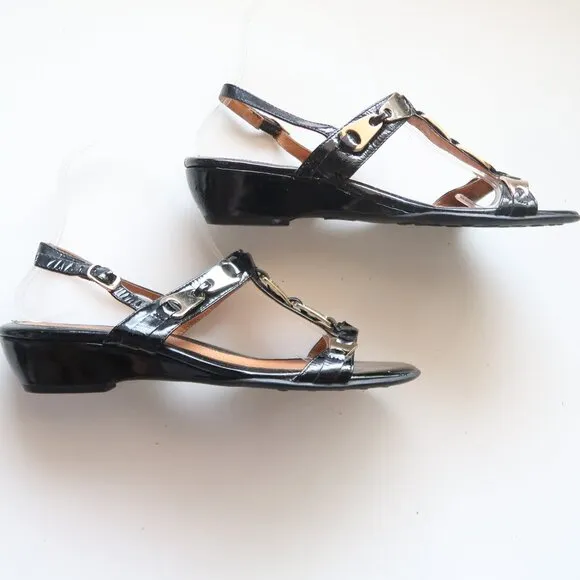 Sofft Black Patent Leather &amp; Gold Slingback Wedge Low Heel Sandals Summer Shoes