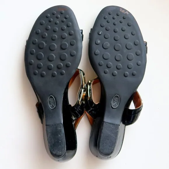 Sofft Black Patent Leather &amp; Gold Slingback Wedge Low Heel Sandals Summer Shoes