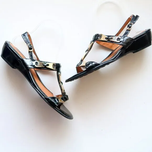 Sofft Black Patent Leather &amp; Gold Slingback Wedge Low Heel Sandals Summer Shoes
