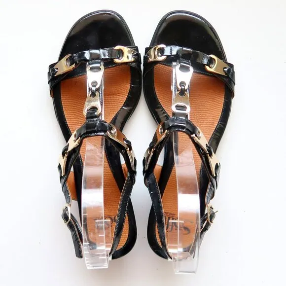 Sofft Black Patent Leather &amp; Gold Slingback Wedge Low Heel Sandals Summer Shoes