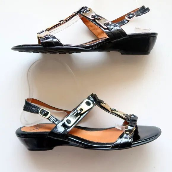 Sofft Black Patent Leather &amp; Gold Slingback Wedge Low Heel Sandals Summer Shoes