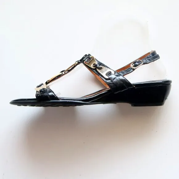 Sofft Black Patent Leather &amp; Gold Slingback Wedge Low Heel Sandals Summer Shoes