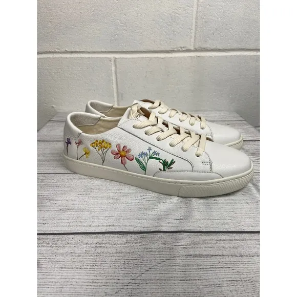 Soludos Ibiza Floral Sneakers White Leather Casual Shoes Women's Size 11