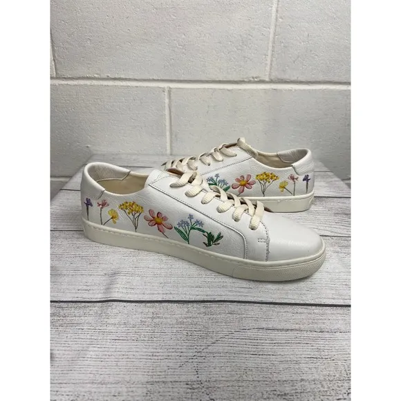 Soludos Ibiza Floral Sneakers White Leather Casual Shoes Women's Size 11
