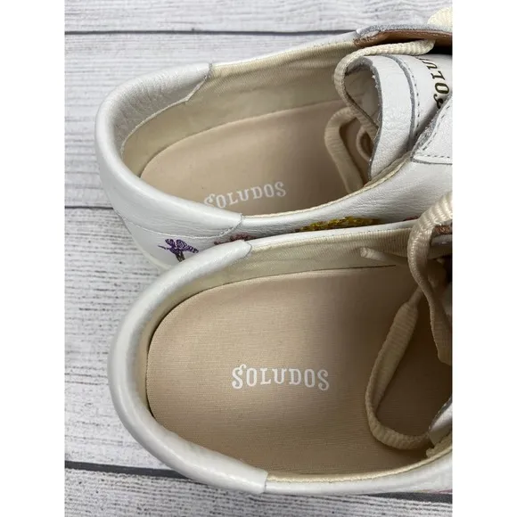 Soludos Ibiza Floral Sneakers White Leather Casual Shoes Women's Size 11