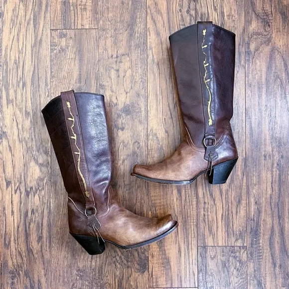 Sonora • cowgirl boots western brown leather floral inlay snip toe heel harness