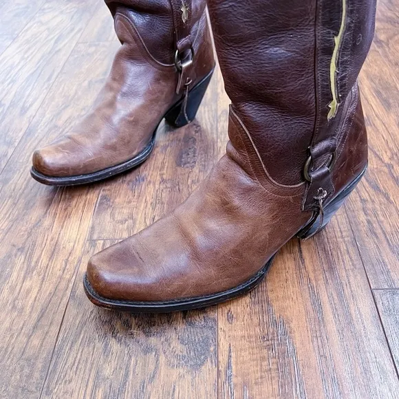 Sonora • cowgirl boots western brown leather floral inlay snip toe heel harness