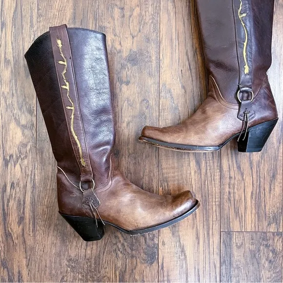 Sonora • cowgirl boots western brown leather floral inlay snip toe heel harness