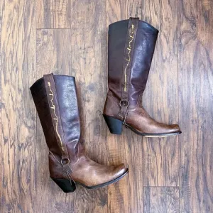 Sonora • cowgirl boots western brown leather floral inlay snip toe heel harness