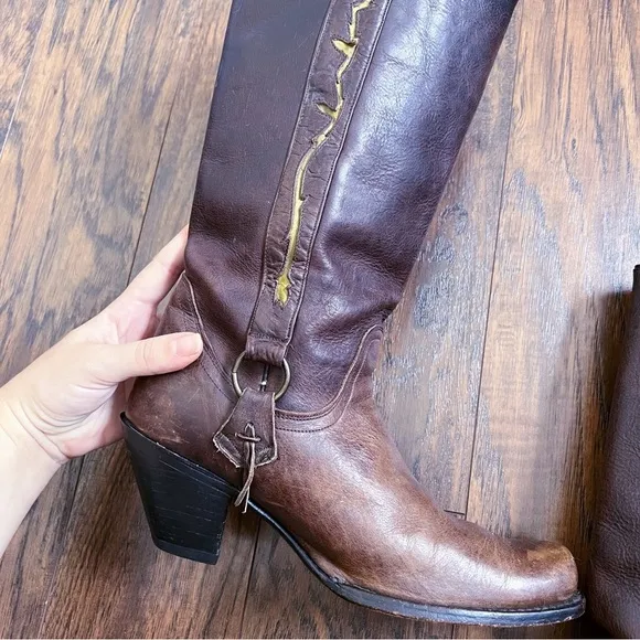 Sonora • cowgirl boots western brown leather floral inlay snip toe heel harness