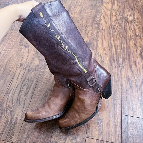 Sonora • cowgirl boots western brown leather floral inlay snip toe heel harness