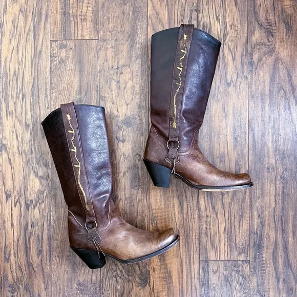 Sonora • cowgirl boots western brown leather floral inlay snip toe heel harness