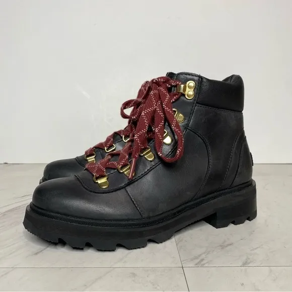 Sorel Lennox Black Leather Lace Up Hiker Boot 6 1/2