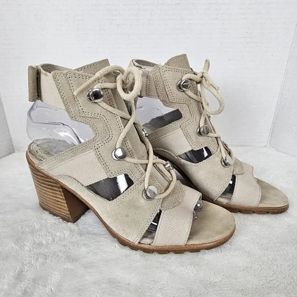 Sorel Nadia Strappy Lace-Up Suede Sandals Ancient Fossil Size 7.5