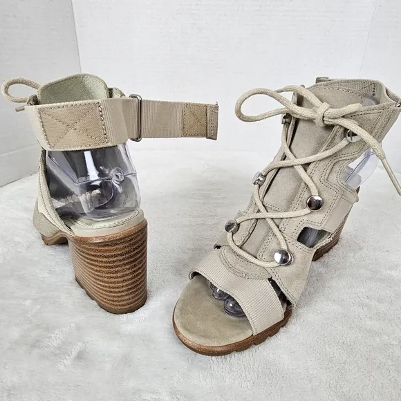Sorel Nadia Strappy Lace-Up Suede Sandals Ancient Fossil Size 7.5