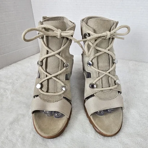 Sorel Nadia Strappy Lace-Up Suede Sandals Ancient Fossil Size 7.5
