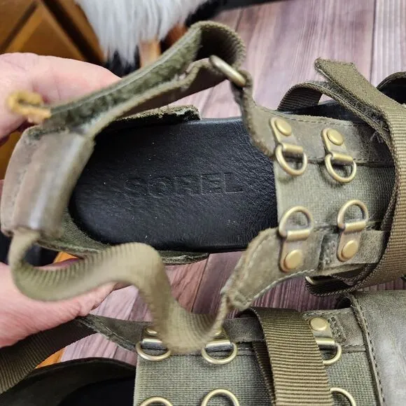 Sorel Torpedo Carly Army Green W/Camo Soles Slingback Sandals Sz 9
