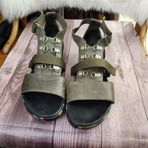 Sorel Torpedo Carly Army Green W/Camo Soles Slingback Sandals Sz 9