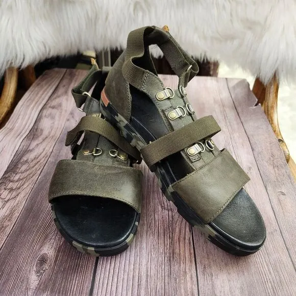 Sorel Torpedo Carly Army Green W/Camo Soles Slingback Sandals Sz 9