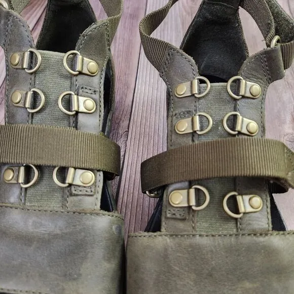 Sorel Torpedo Carly Army Green W/Camo Soles Slingback Sandals Sz 9