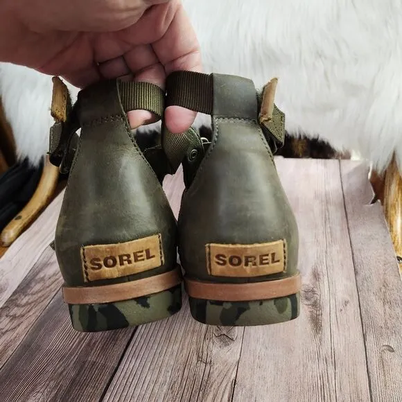 Sorel Torpedo Carly Army Green W/Camo Soles Slingback Sandals Sz 9