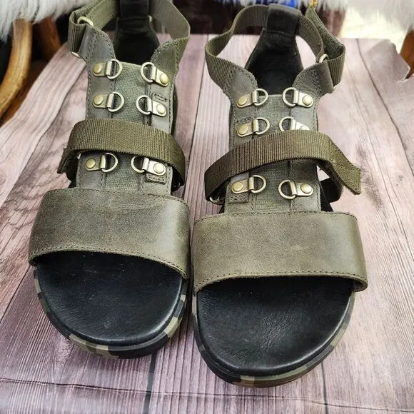 Sorel Torpedo Carly Army Green W/Camo Soles Slingback Sandals Sz 9