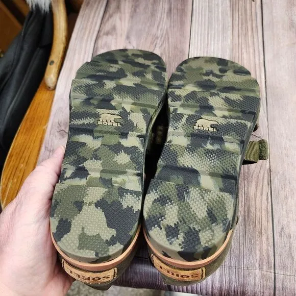 Sorel Torpedo Carly Army Green W/Camo Soles Slingback Sandals Sz 9