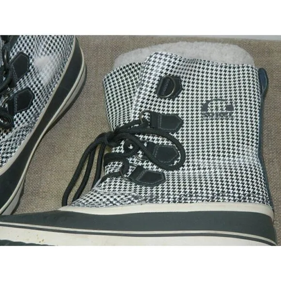 Sorel Tivoli High Snow Boots Black White Houndstooth Check Mid Calf Lined  10