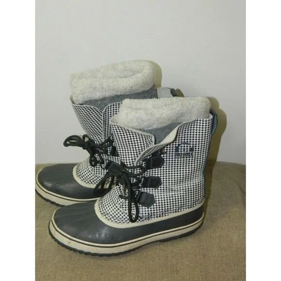 Sorel Tivoli High Snow Boots Black White Houndstooth Check Mid Calf Lined  10