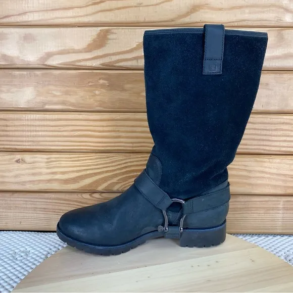 Sperry Top Sider Womens 6.5 US Black Leather Harness Boots Mid Calf Pull-on